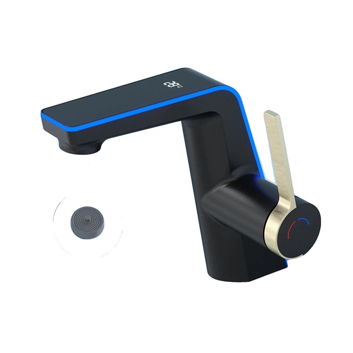 Csaptelep, LED hőmérséklet kijelző, kettős permetezési mód, fekete, sárgaréz