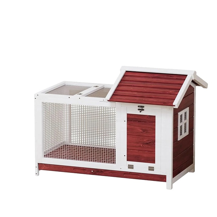 Casa pentru iepuri, lemn rezistent la intemperii, cadru metalic, rosie, design spatios, usor de curatat