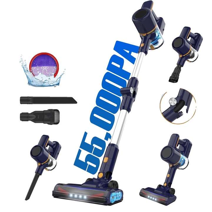 Aspirator fara fir, 55KPA putere de aspiratie, autonomie lunga, albastru inchis