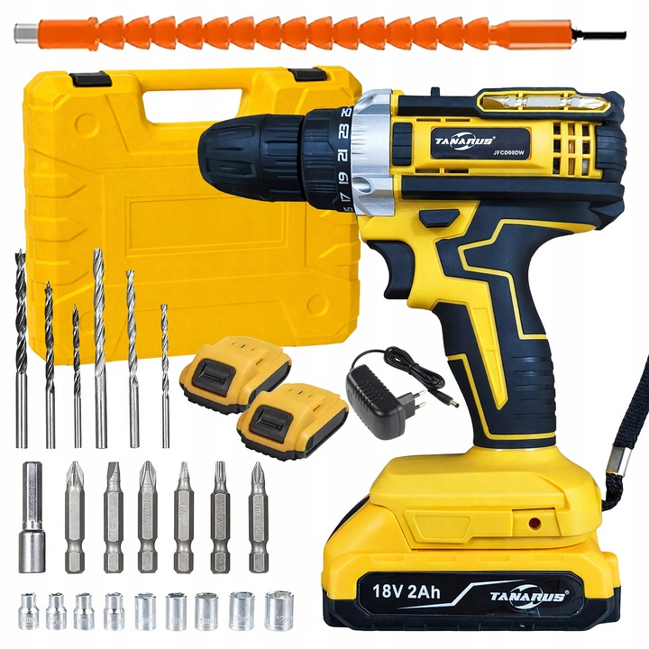 Aparat de gaurit si insurubat 18V, 2 acumulatori 2000 mAh, 25 Nm, LED, set complet cu accesorii, valiza de transport