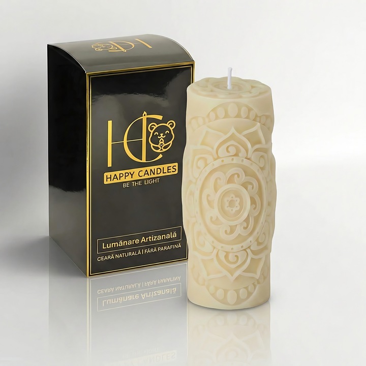 Lumanare din ceara naturala de albine, Happy Candles, Lotus Mandala, Fildes, Handmade, 150g