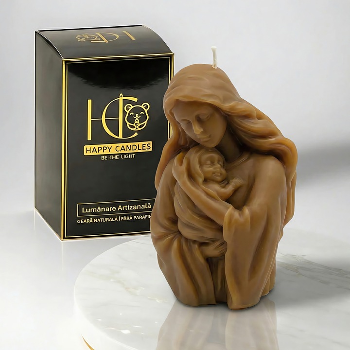 Lumanare din ceara naturala de albine, Happy Candles, Madonna si Pruncul Model 1, Lemn, Handmade, Craciun, 165g