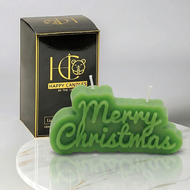 Lumanare din ceara naturala de albine, Happy Candles, Merry Christmas, Lime, Handmade, Craciun, 75g