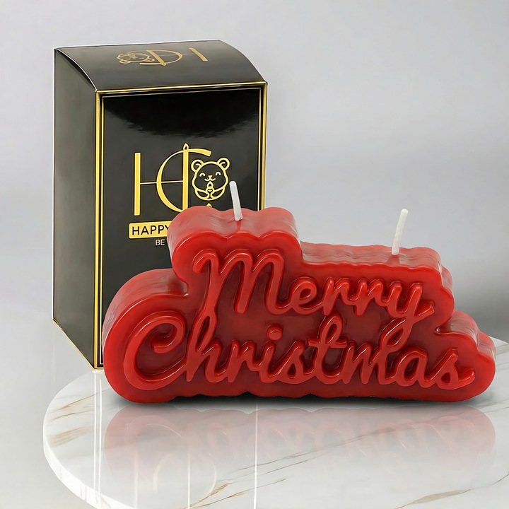 Lumanare din ceara naturala de albine, Happy Candles, Merry Christmas, Rosu, Handmade, Craciun, 75g