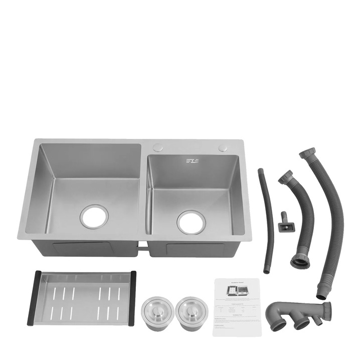 Chiuveta de bucatarie, design cu doua boluri, instalare incastrata, argintie