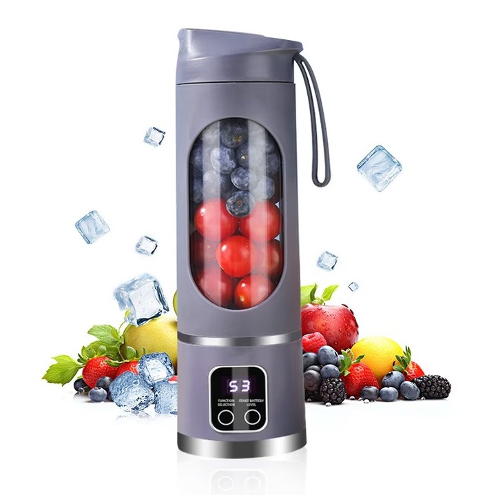 Blender electric portabil reincarcabil 450 ml, 12 lame inox 304, BPA Free, USB-C, 3 viteze, 15000-22000 rpm, afisaj LED, auto-curatare, protectie magnetica, baterie 1500 mAh, smoothie/shake/suc, fructe, gheata, sala, birou, calatorii, camping, violet