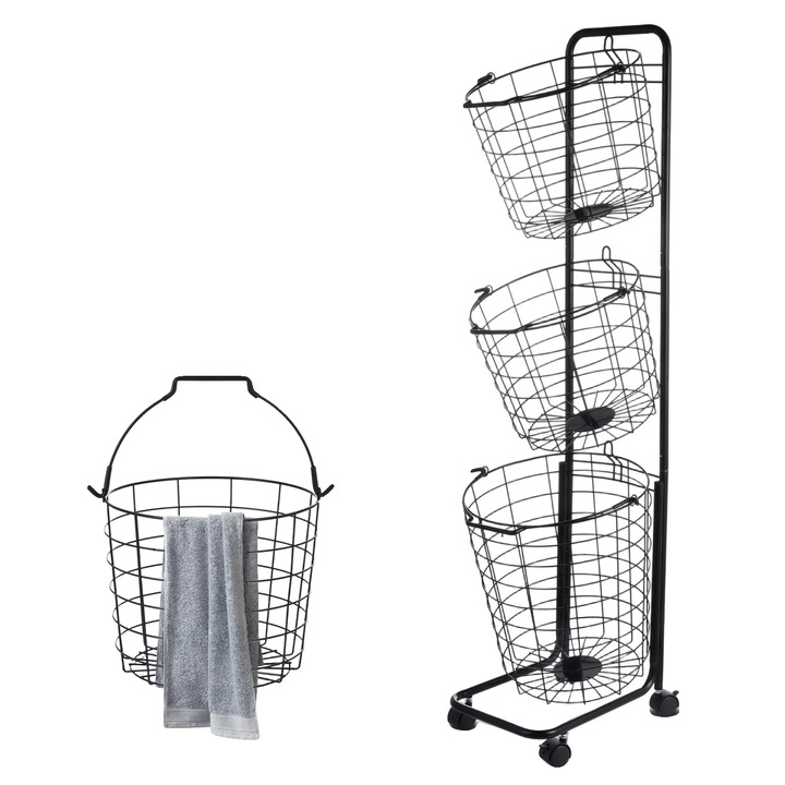 Cos pentru rufe, metal, 3 straturi, mobil, 122x31x25cm