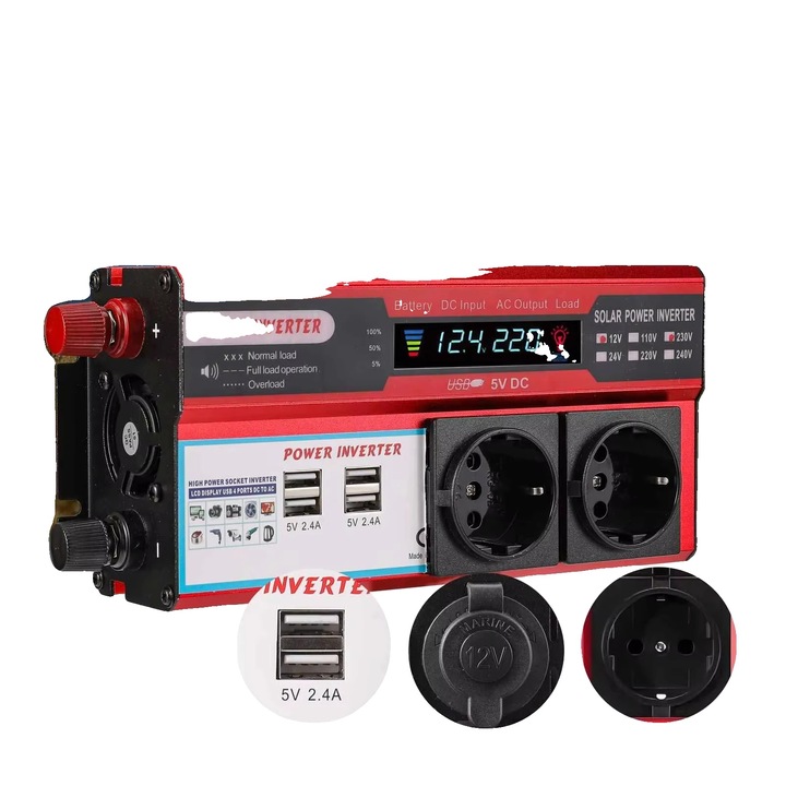 Inverter auto 4000W, 4 porturi USB, display LED, dimensiuni compacte