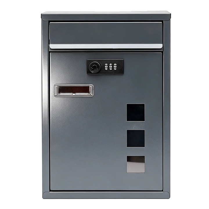 Cutie postala cu cod, capacitate mare, gri inchis, din otel galvanizat