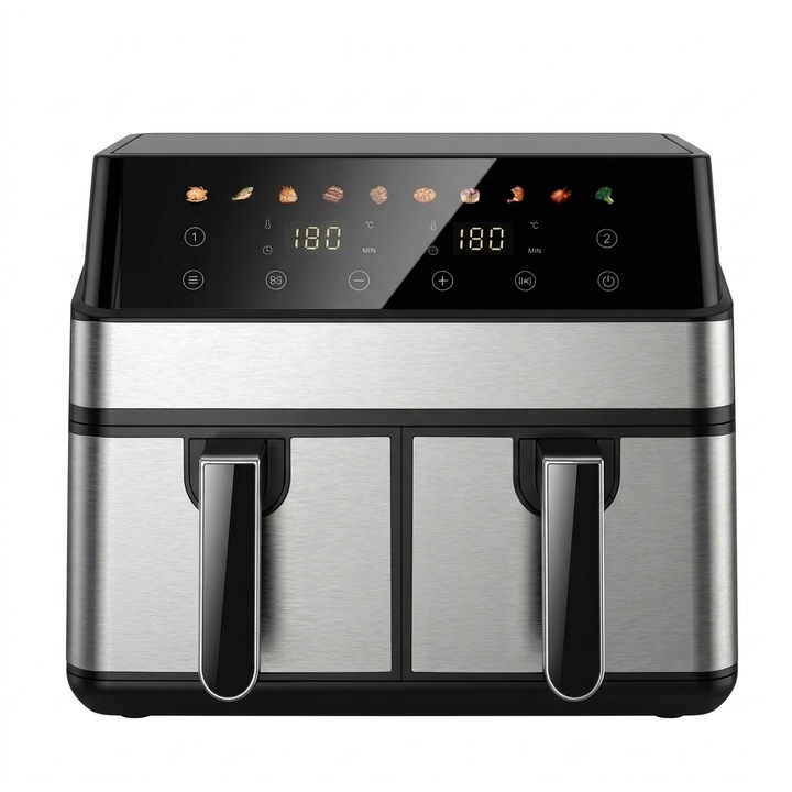 BEST PICK® Dupla Forrólevegős Fritőz, Prémium Olajmentes Airfryer, 9L Kapacitás, 1700W, Smart Chef Technológia 8 Programmal, Max 200°C, Melegen Tartó Funkció, Inox/Fekete Design