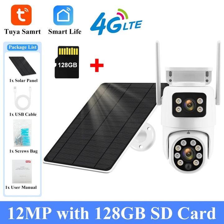 Камера за наблюдение, 4G, нощно виждане, 12MP, соларно захранване, монтаж на таван или стена, комплект с 128G карта