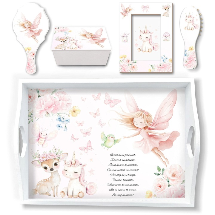 Set Mot Fetita Fairy Unicorn Roz Deluxe, Tavita Mot cu Accesorii pentru Taierea Motului si Prima Aniversare