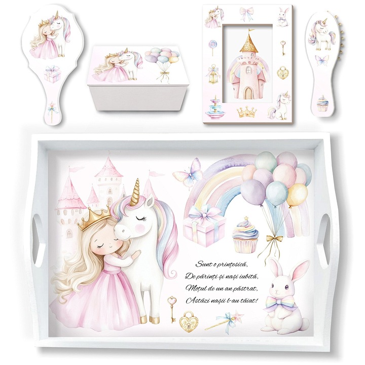 Set Tavita Mot Fetita Printesa si Unicorn Deluxe, Set Complet Taierea Motului cu Tava Mot, Oglinda, Perie, Cutie Suvita si Rama Foto + Cadou
