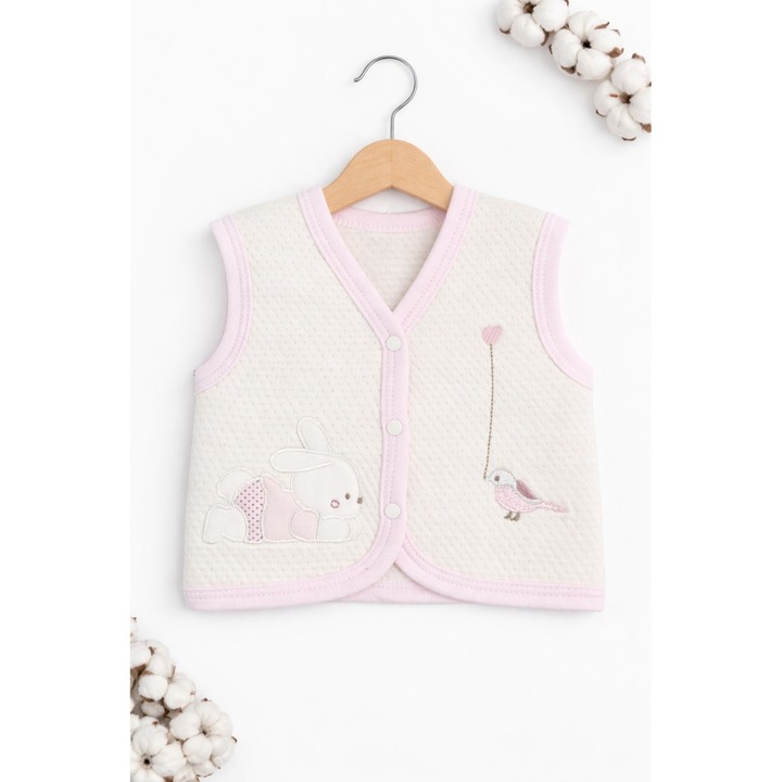 Vesta bebe bumbac crem roz iepuras pasare brodata nou nascut fete