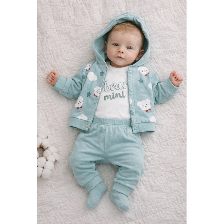 Set bebe 3 piese bumbac body pantaloni hanorac verde ursulet