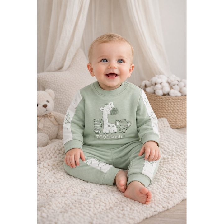 Set bebe baiat 2 piese zoo friends bluza si pantaloni verde confort