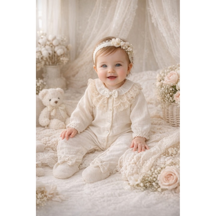 Salopeta bebe fetita muselina ivoire eleganta dantela volane bentita inclusa