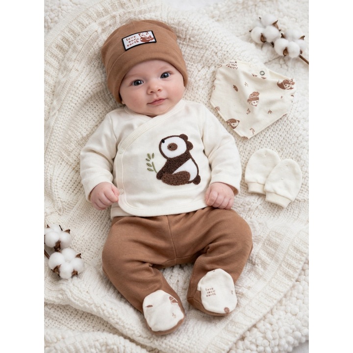 Бебешки комплект от 5 части панда: блуза, панталон, шапка, лигавник, ръкавици, кремаво-кафяв, 0-3 месеца, памук, момчета