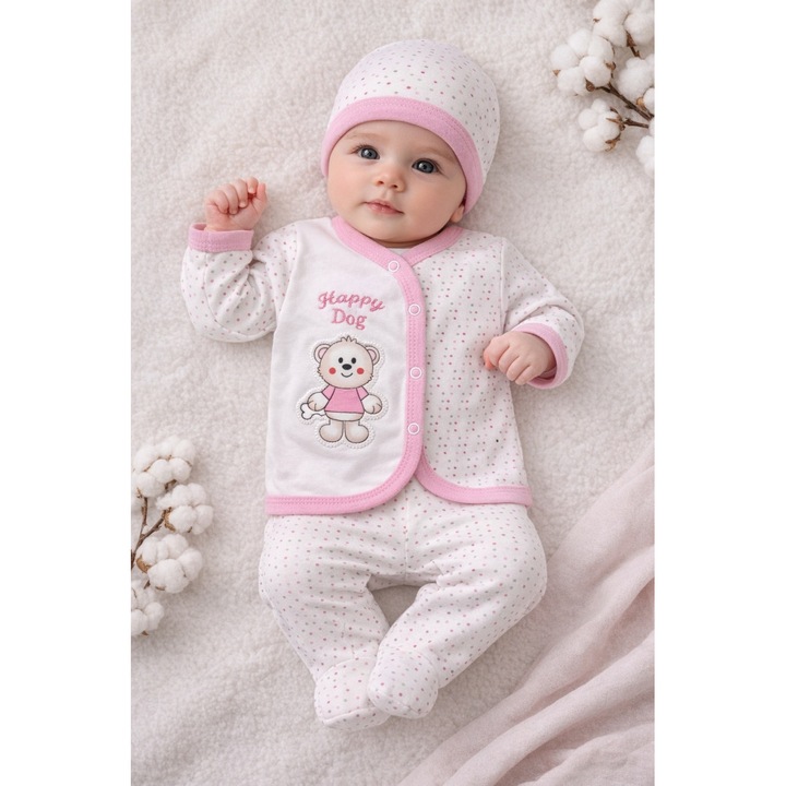 Set nou nascut 3 piese bumbac alb roz ursulet body pantaloni caciulita fete, 0-3 luni, Bumbac, Fete