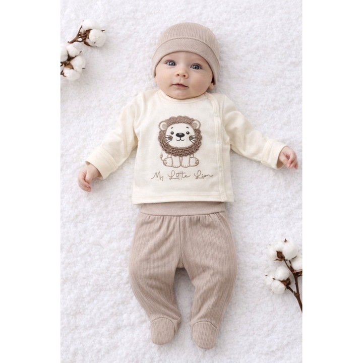 Set bebe 3 piese baiat my little lion bluza crem pantaloni bej confort premium, 0-3 luni, Bumbac, Baieti