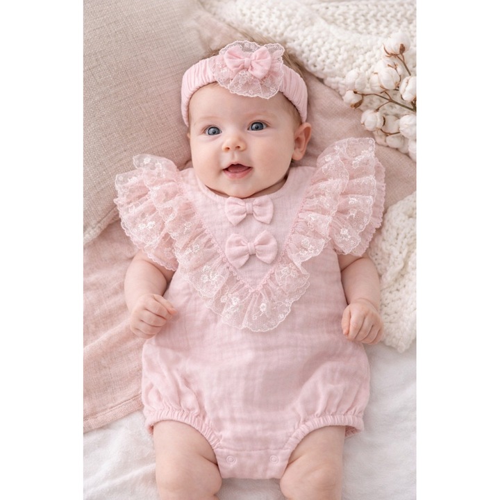 Salopeta bebe fetita muselina eleganta dantela volane bentita inclusa, Bumbac, Fete, Roz