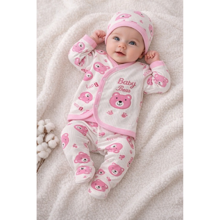 Set nou nascut 3 piese bumbac alb roz baby bear body pantaloni caciulita fete, 0-3 luni, Bumbac, Fete