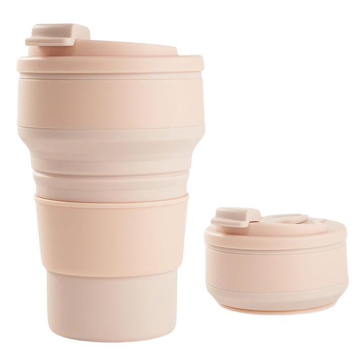 Cana pliabila pentru calatorii, Cana de calatorie din silicon Notekisskai, 650 ml, Cana de cafea pliabila din silicon, etansa, pentru camping si drumetii, Roz