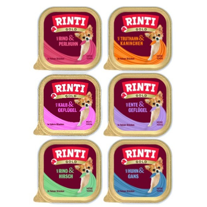 Rinti Gold Mini, hrana pentru caini, 65% carne, fara coloranti artificiali, 100g, set 6x100g