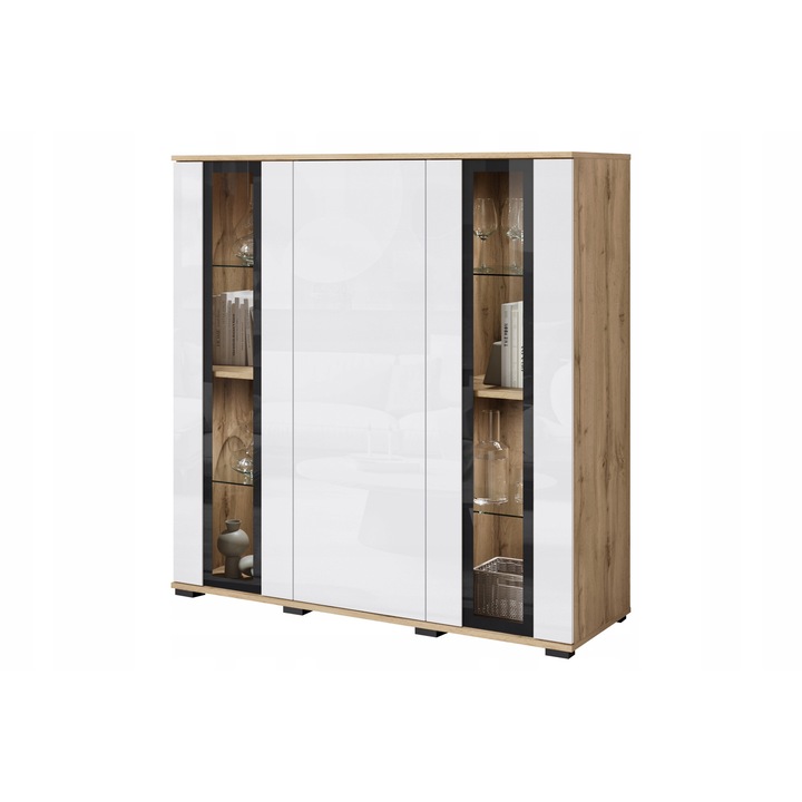 Highboard 120 cm Lauren Meble, mat wotan/balacita, 3 usi, iluminare LED, 2 rafturi din sticla