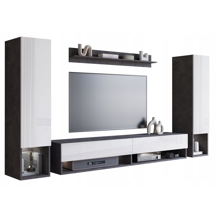 Mobilier de living set 4 elemente, Lauren Meble, gri si alb, cu iluminare LED, montaj suspendat