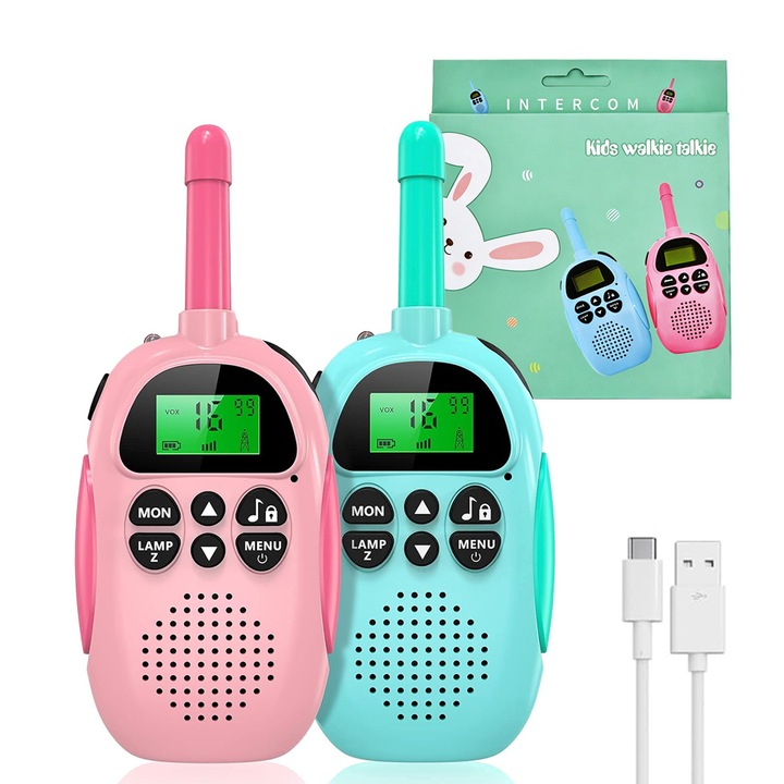 Set 2 statii Walkie Talkie pentru copii FooFoony, Raza de Actiune 3 km, Jucarie Baiete si Fete, 22 de Canale, Radio Bidirectional, Cadou de Jucarie pentru Ziua de Nastere a Copiilor pentru Baieti si Fete de 3-12 Ani, Aventuri in Aer Liber, Camping