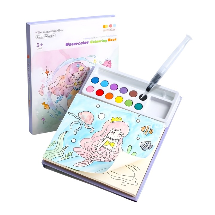 Set Carte de Colorat cu Acuarela, Model Sirena, 20 Foi de Carton 200 gr, 12 Culori, 1 Pensula, 15.7 x 18.8 x 1.8 cm, Roz