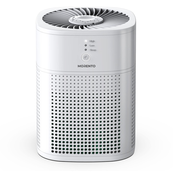 Purificator de aer MERONTE pentru dormitor cu aromoterapie, filtru de aer HEPA, un purificator de aer care poate preveni praful, polenul, parul de animale si fumul, 24 dB cu modul Sleep Alb