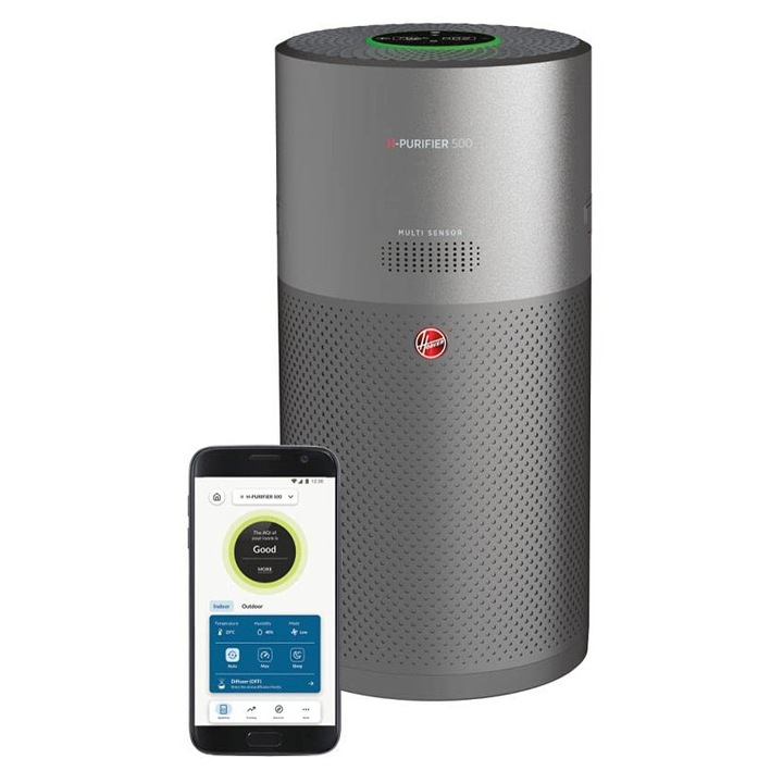 Purificator de aer Hoover H-PURIFIER 500, cu filtru HEPA-13 pentru o calitate buna a aerului, cutit de aer cu sistem de avertizare CO, cu functie de difuzor, controlabil cu aplicatie si afisaj LED, pentru incaperi de pana la 110 m2 [HHP55CA]