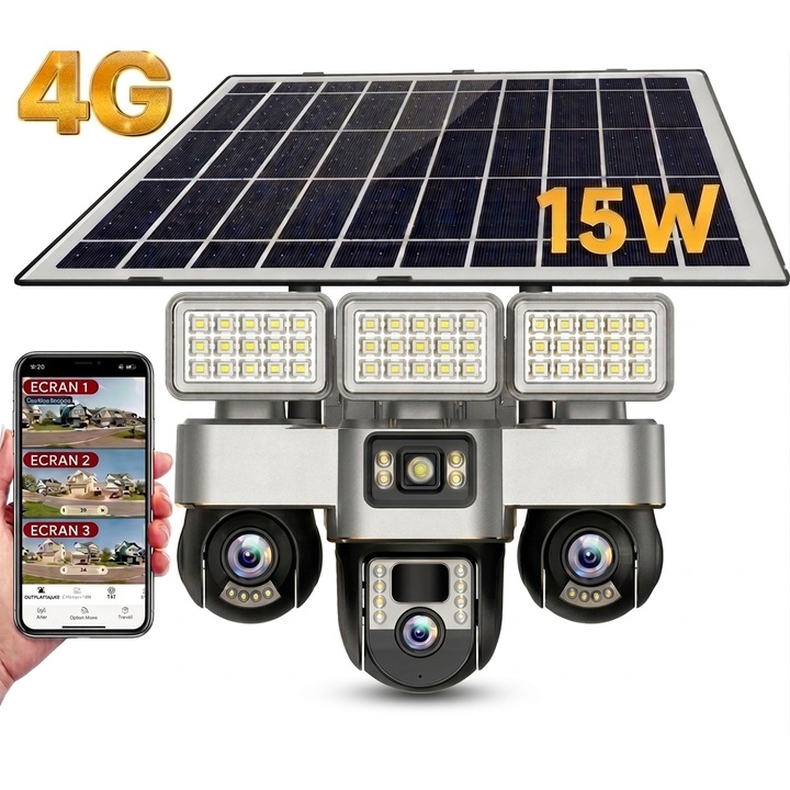 Camera de Supraveghere 4G Solara cu Proiectoare LED CILGO 30A, 6MP Full HD, Triplu Obiectiv Rotire 355°, Detectie umana, Panou Solar, 16W Baterie 16000mAh, V380 Pro