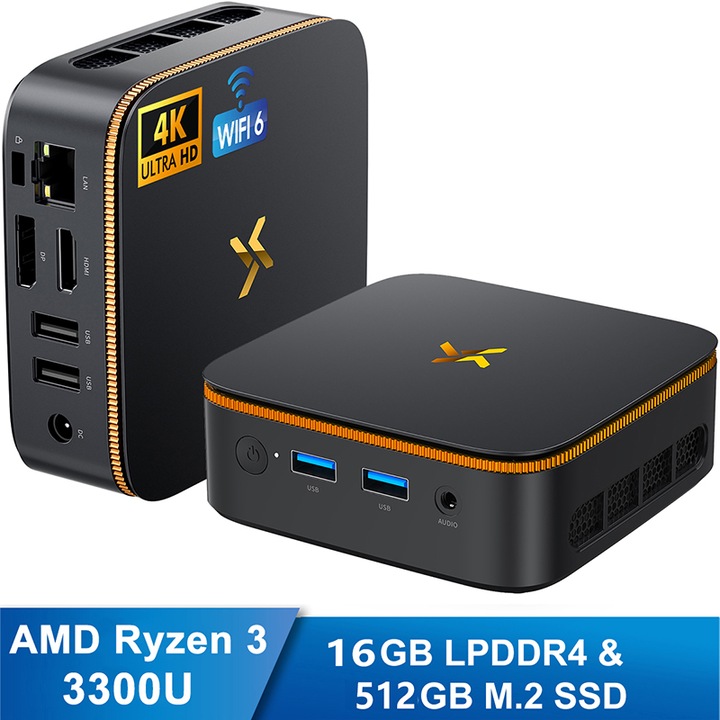Huidun H50 Mini PC Win11-Pro, AMD Ryzen 3 3300U, 16GB RAM 512GB SSD, Silent & Economie de energie, Radeon Vega 6, Double HDMI 4K, VESA, Ideal pentru birou si casa, Gri