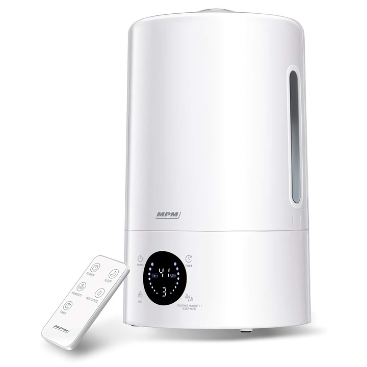 MPM MNP-04 Umidificator cu ultrasunete cu zgomot redus Uleiuri esentiale Telecomanda 300 ml/h Filtru ceramic mare de 5 litri 30 m2 Temporizator Alb electric