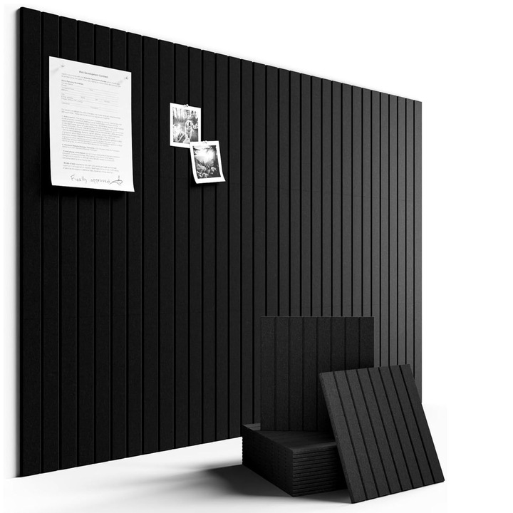 12 darab kárpitozott panel készlet dekorációhoz, AFKSMILE, Öntapadós parafa panelek kijelzőhöz, Könnyen használható, Személyre szabott kreatív design, Akusztikus, Irodába, gyerekszobába, konyhába, iskolai dekorációhoz, Poliészter, Filc, 30*30cm, Fekete