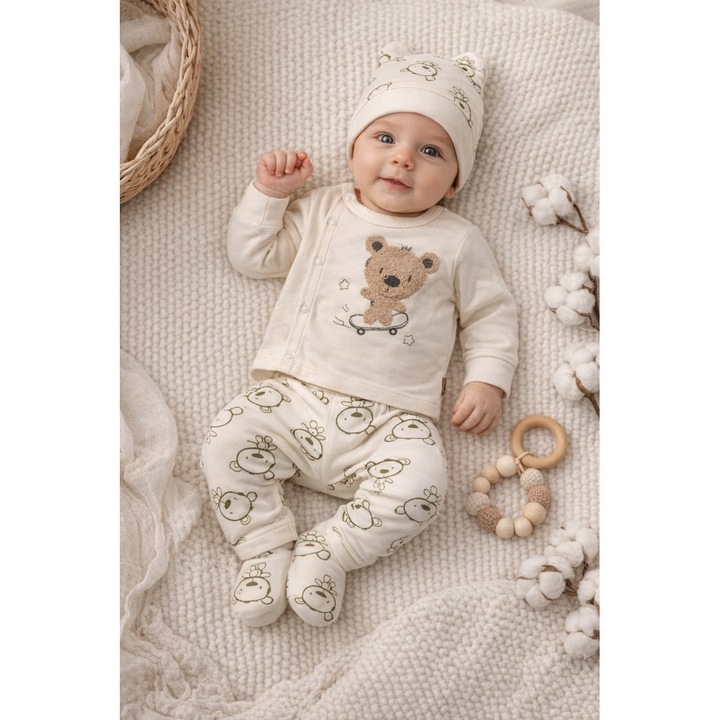 Set bebe baiat 3 piese ursulet bluza pantaloni si caciulita crem verde, 0-3 luni, Bumbac, Baieti