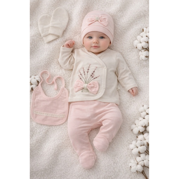 Set nou nascut 5 piese bumbac roz crem bluza pantaloni caciulita baveta manusi fete, 0-3 luni, Bumbac, Fete