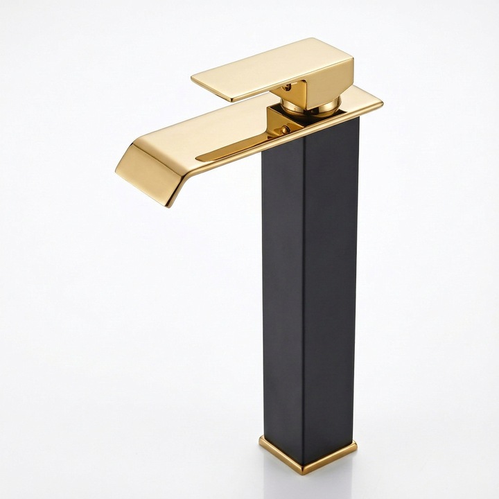 TrioStore magas mosdó csaptelep, modern design, vízesés hatású, arany-fekete, kerámia betétes csap, egyenletes vízáramlás, könnyű váltás hideg-meleg víz között, ellenálló fém test, flexibilis csatlakozók és tartozékok, egyszerű telepítés, 30 cm, elegáns