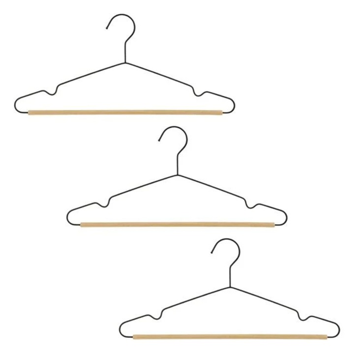 Set de 3 Umerase metalice negre cu baza din lemn, 42cm