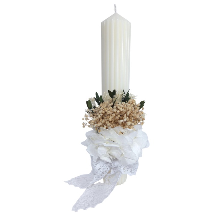 Lumanare Botez decorata cu gypsophilla si hortensie criogenata, 35 cm