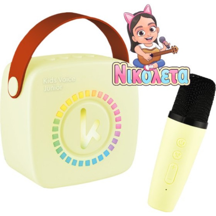 Karaoke portabil Kiddoboo, set cu microfon, galben, muzica Nikoleta TV, experienta interactiva, dimensiuni 10x15x22cm