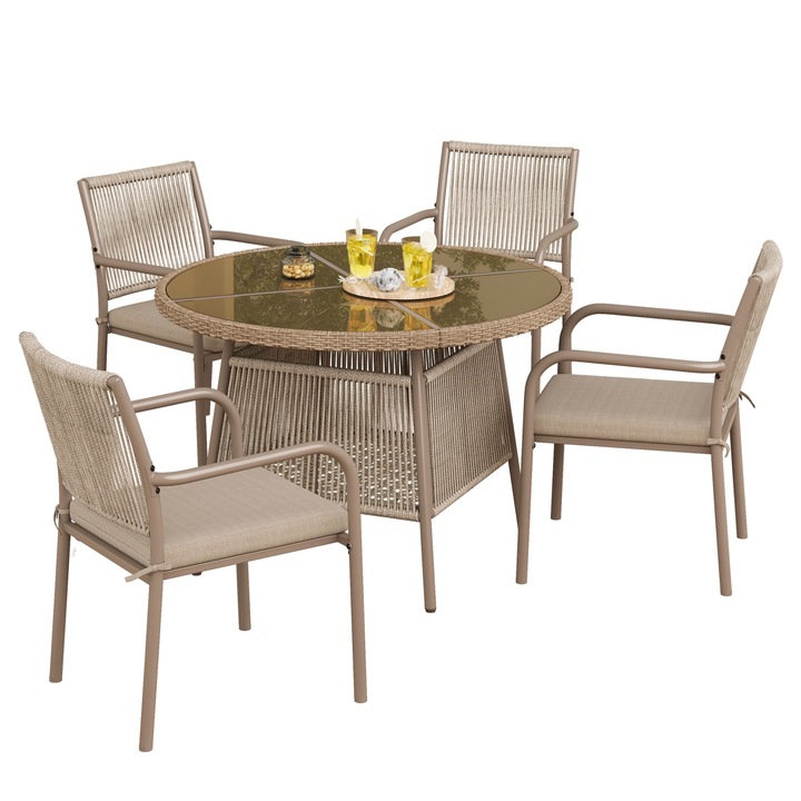 Set mobilier gradina, poliratan, masa rotunda sticla, 4 fotolii, cadru fier, pentru terasa sau balcon