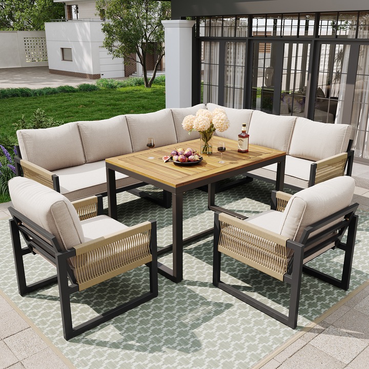 Set gradina, 7-8 persoane, lounge exterior, zona relaxare, rezistent la intemperii, pentru gradina, balcon, terasa