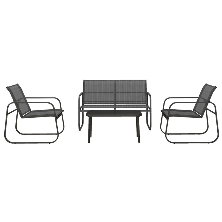 Set mobilier gradina, 4 piese, canapea 2 locuri, 2 fotolii, masuta cafea, mobilier balcon, plasa, negru