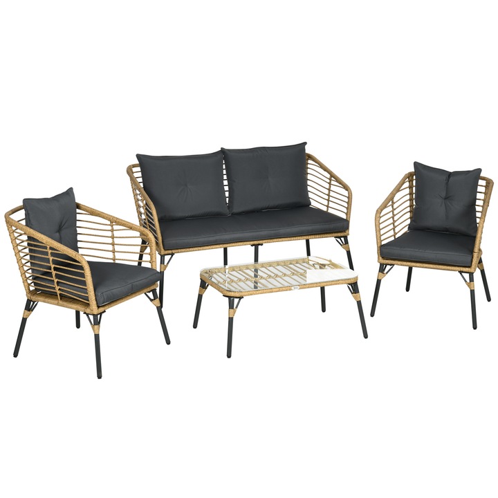Set mobilier gradina, 4 piese, canapea gradina ratan cu perne, 3 fotolii, masuta cafea, mobilier balcon, stil boem, nisip/gri inchis