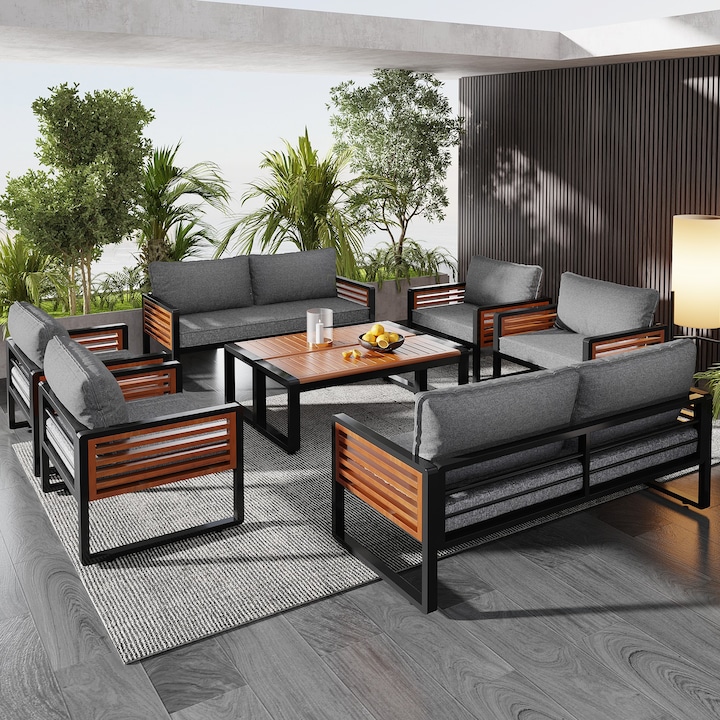 Set mobilier gradina, cadru fier galvanizat, 8 piese, 2 canapele 2 locuri, 4 fotolii, 2 mese, cotiere lemn, gri antic