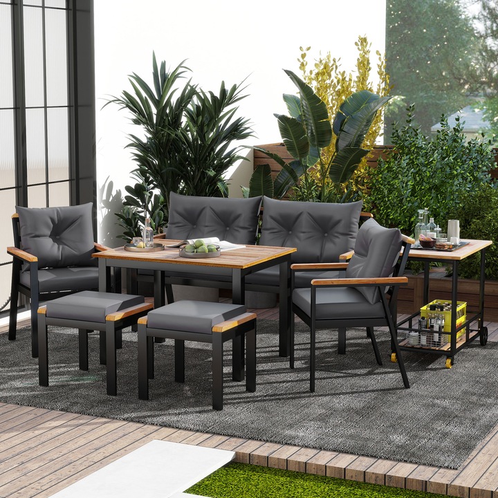 Set masa lemn salcam, mobilier gradina, 6-7 persoane, fotolii, masuta laterala, husa detasabila textila, gri-negru, natural